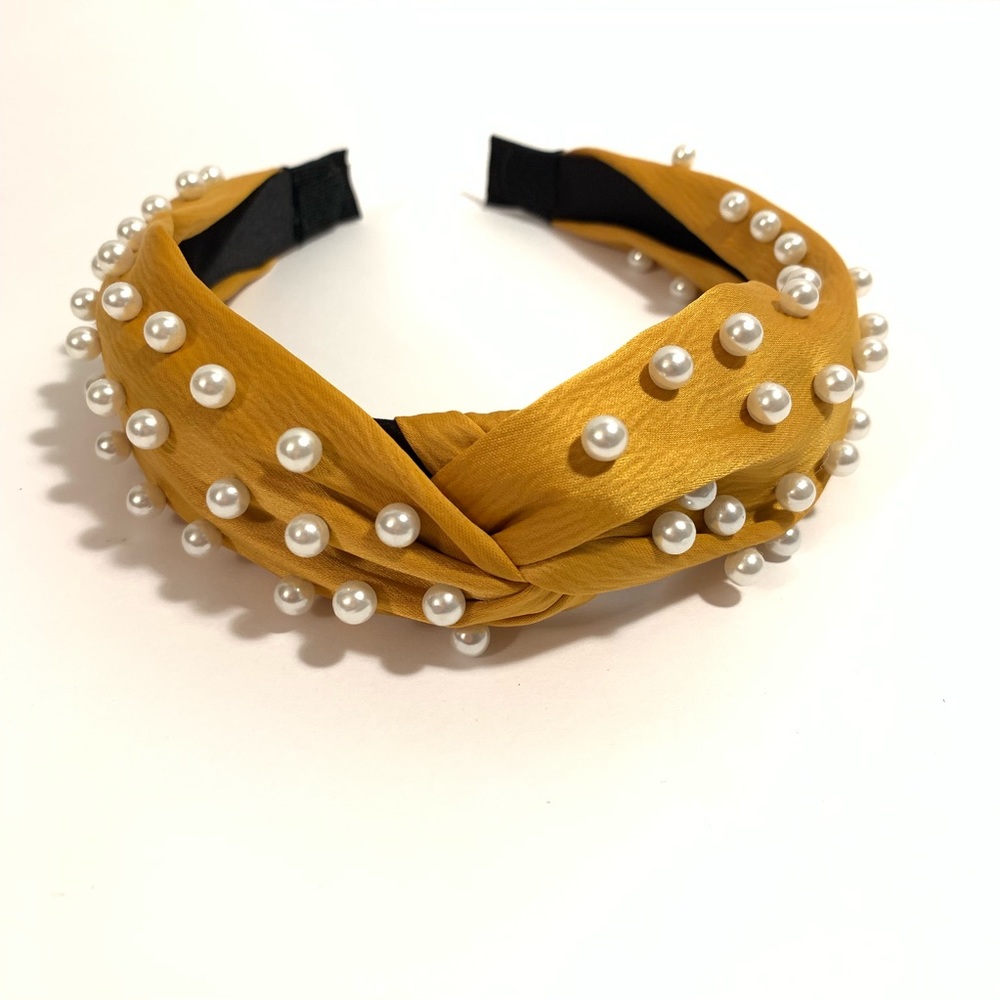 Yellow Turban Style Headband with Pearl Detail